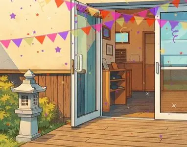 Illustration manga de l'entrée du dojo avec des décorations de fête
