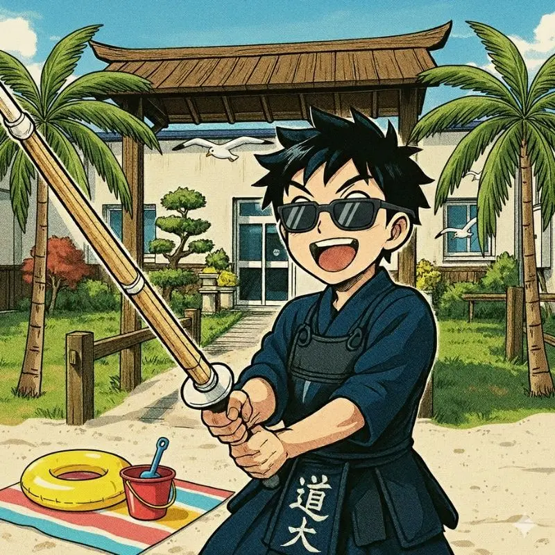 Illustration manga d'un Kendoka devant le dojo ambiance estivale