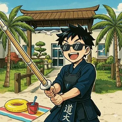 Illustration manga d'un kendoka devant l'entrée du dojo avec une décoration plage d'été