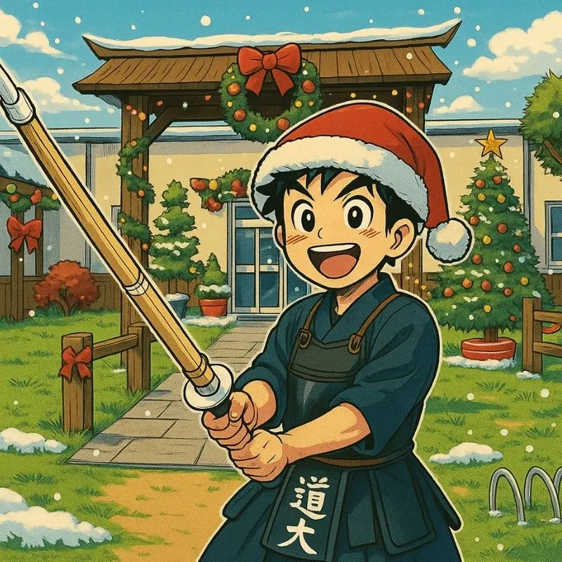 Illustration manga d'un Kendoka devant le dojo décoré pour Noël