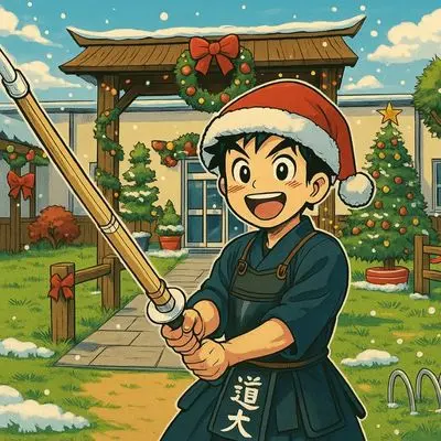 Illustation manga d'un Kendoka devant l'entrée du dojo décorée pour Noël