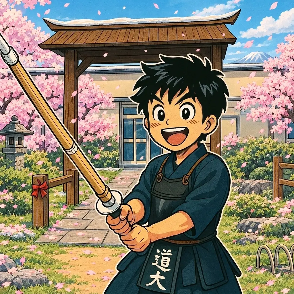 Illustation manga d'un Kendoka devant l'entrée du dojo avec décor de printemps