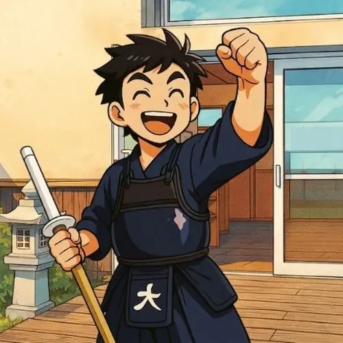 Illustration manga d'un Kendoka devant le dojo