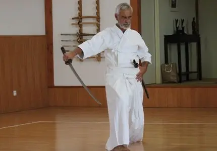 Senseï de iaido en action avec un sabre